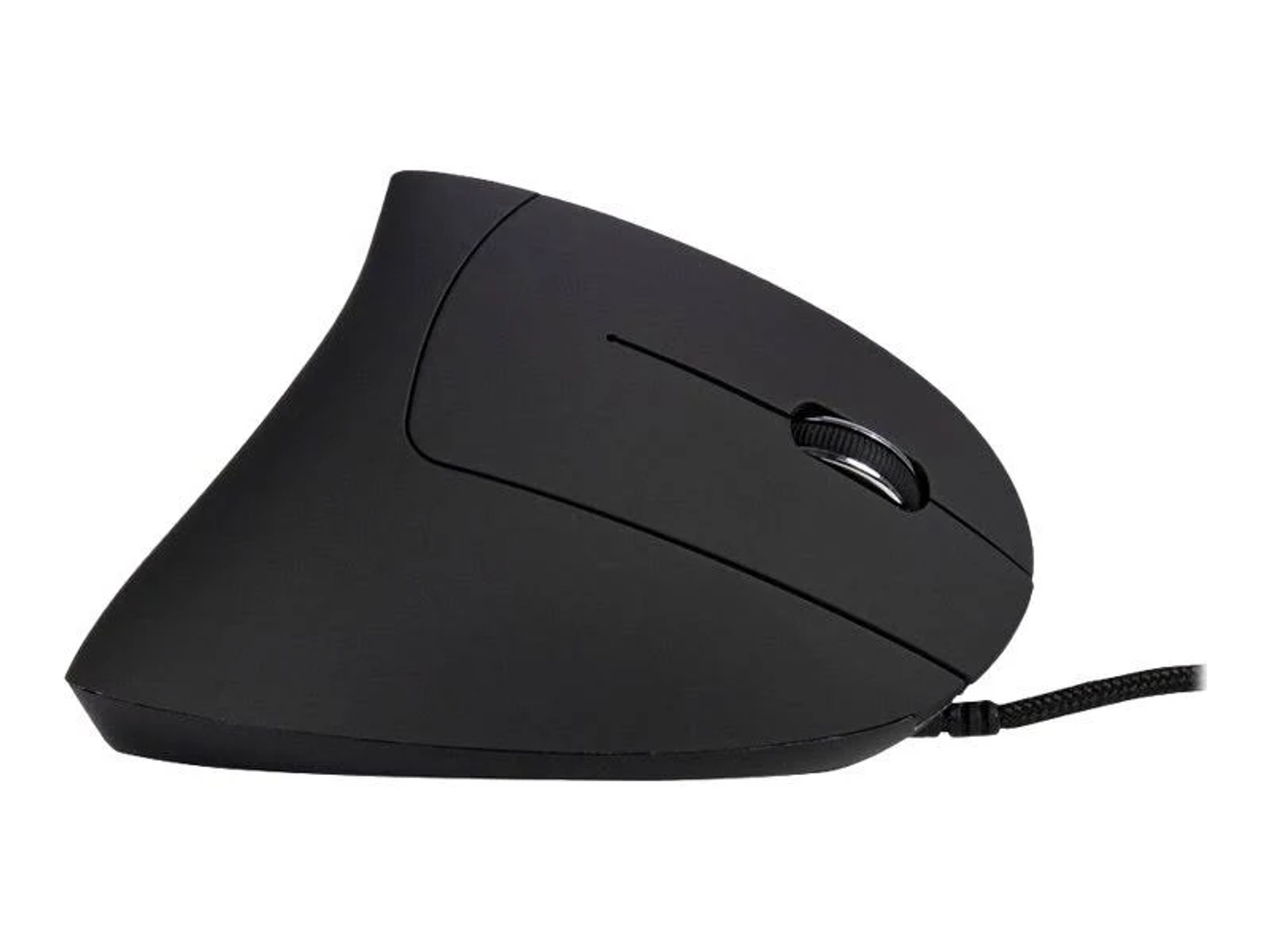 Schwarze ergonomische Maus. Abgewinkeltes Design mit Scrollrad und Kabel.