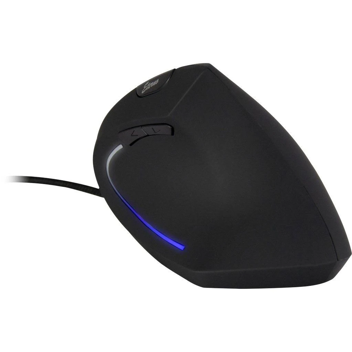 Schwarze ergonomische Maus mit zwei Tasten und einem Scrollrad. Blaues Leuchten.