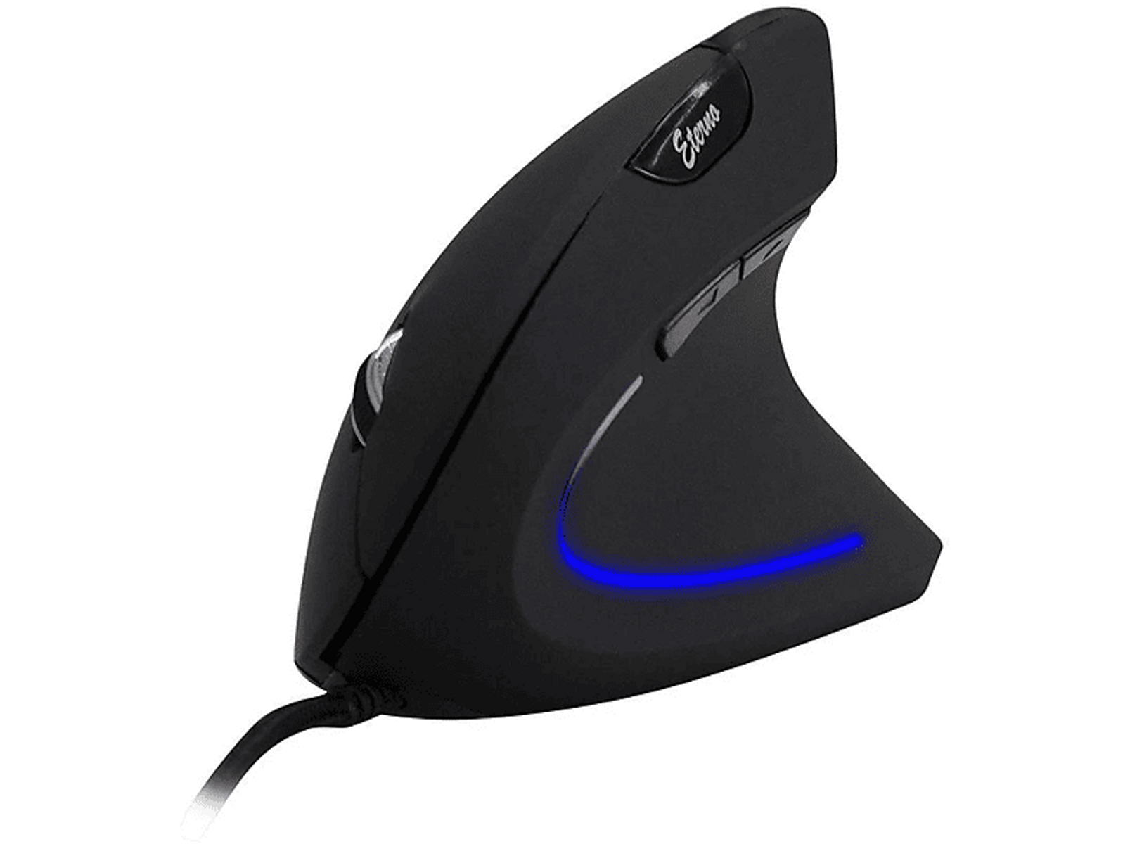 Schwarze ergonomische Maus mit blauem Licht, schrägem Design und Kabel.