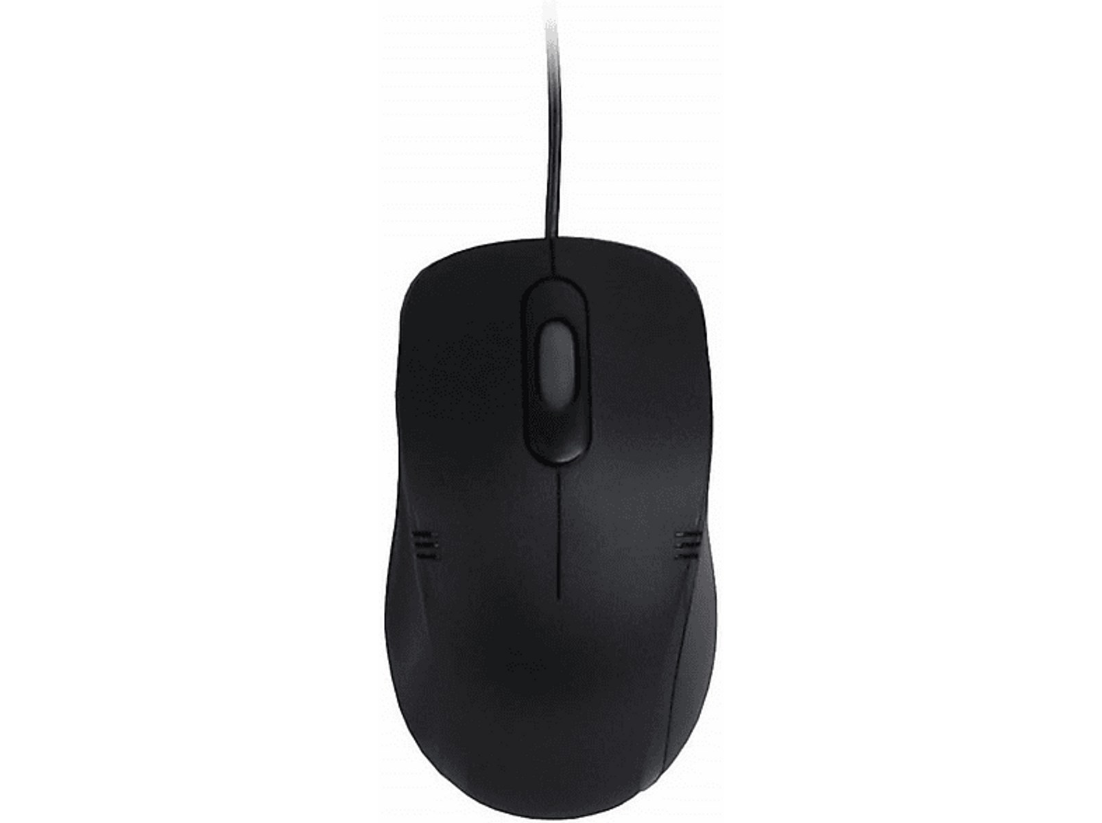 Schwarze Computermaus mit Scrollrad und zwei Tasten. Draufsicht.