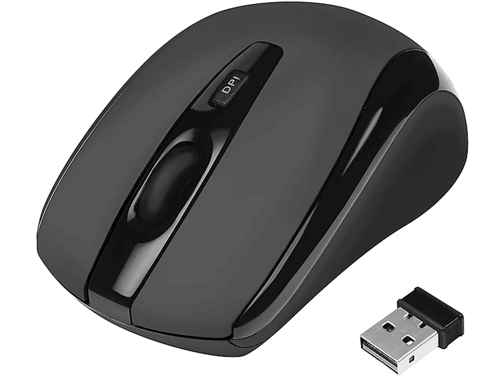 Schwarze kabellose Maus mit DPI-Taste und USB-Empfänger.