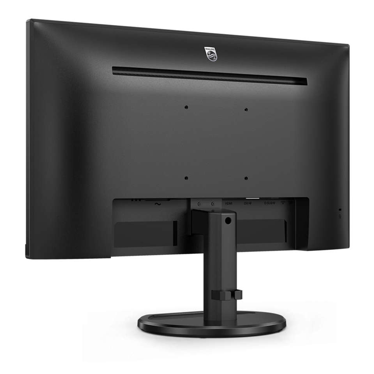 Vista posteriore di un monitor nero con supporto, connettori e dettagli del marchio.