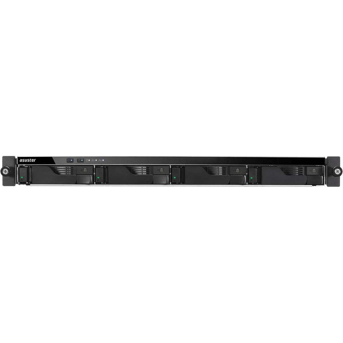 Schwarzes Asustor Rackmount-NAS-Gerät mit Laufwerksschächten, LED-Anzeigen, Marke sichtbar.