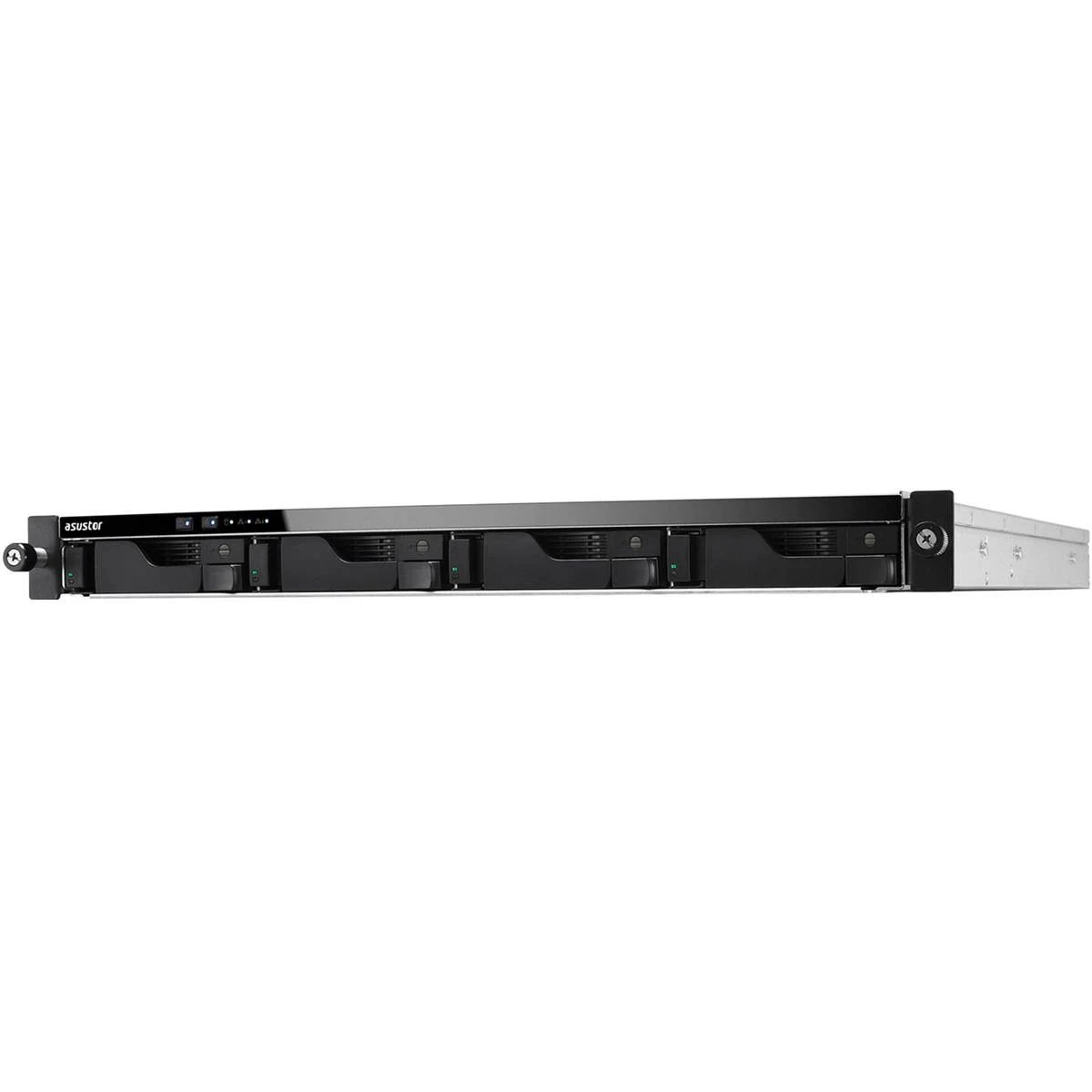 Schwarzes Asustor Rackmount-NAS-Gerät mit Laufwerksschächten, LED-Anzeigen, Marke sichtbar.