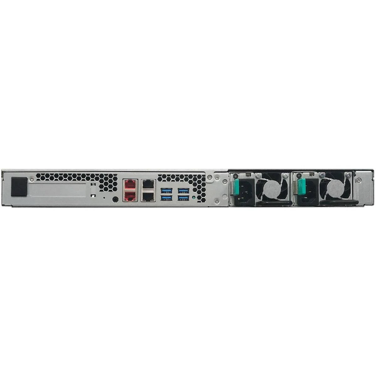 Rückseite eines Rackmount-NAS-Geräts mit Anschlüssen, Lüftern und anderen Verbindungen.