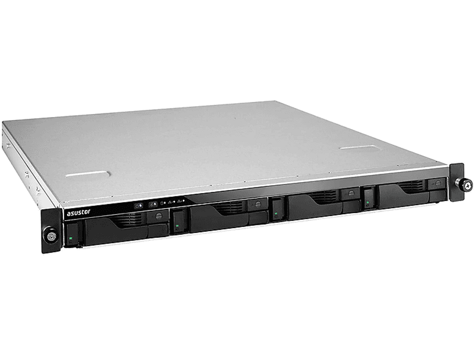 Silbernes und schwarzes Asustor Rackmount-NAS-Gerät mit Laufwerksschächten und Ein/Aus-Taste.