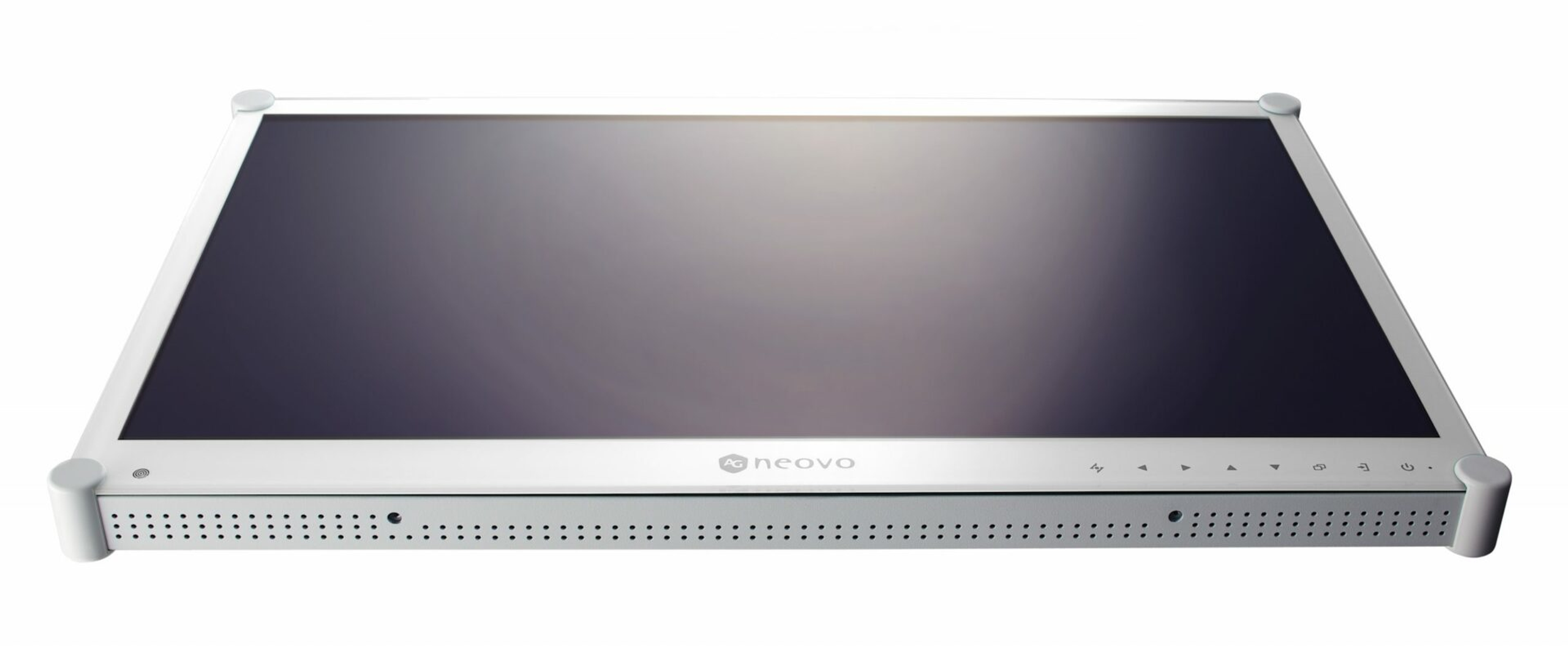 Ein weißer Computermonitor mit dünnem Rahmen, der eine schwarze Anzeige zeigt.