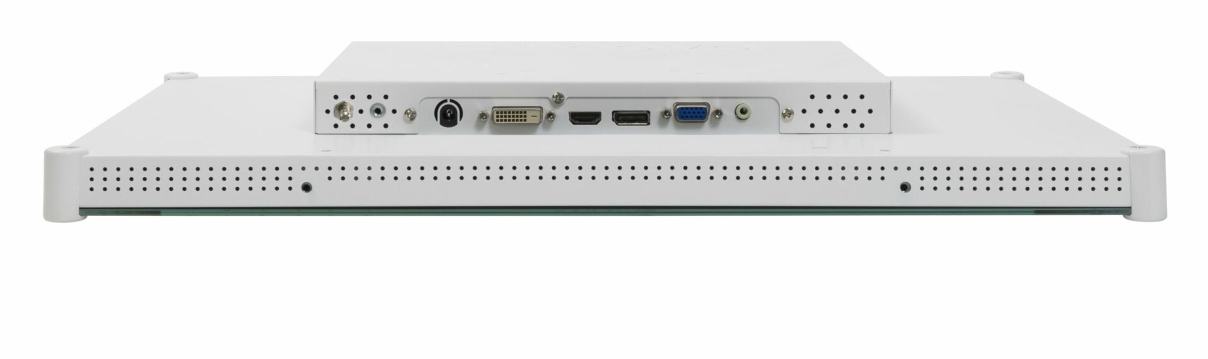 Die Rückseite eines weißen Computermonitors mit Anschlüssen.