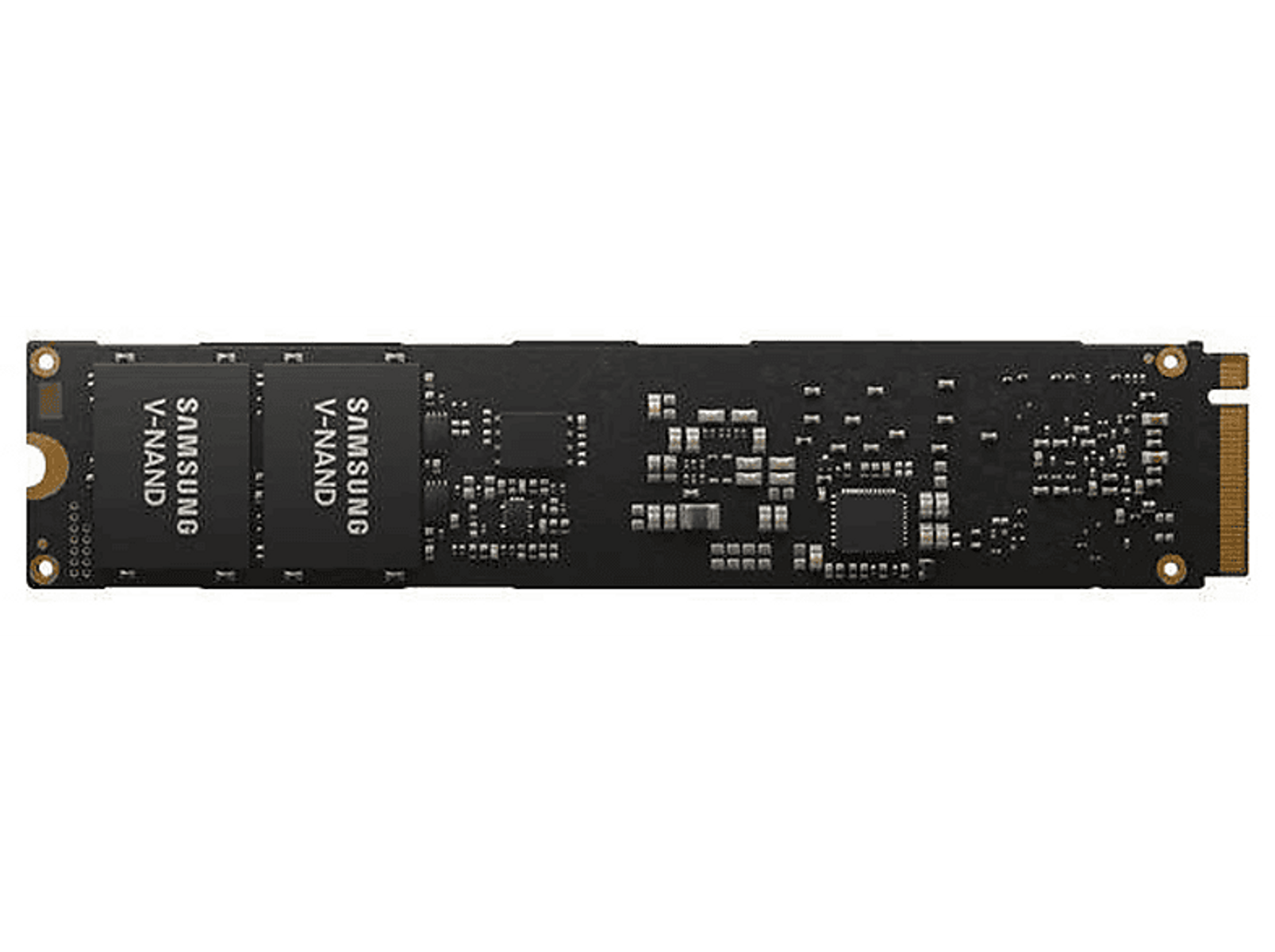 Schwarze Samsung V-NAND SSD. Die SSD hat mehrere Chips darauf.
