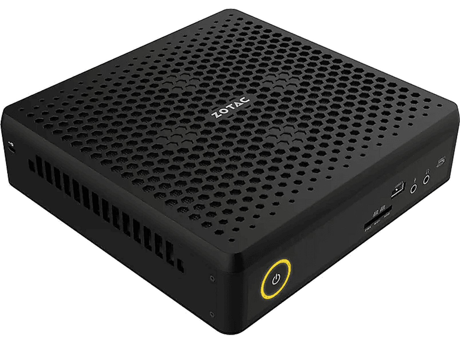 Computer quadrato nero. Ha delle prese d'aria sui lati e un pulsante di accensione giallo. La parte anteriore ha porte USB.