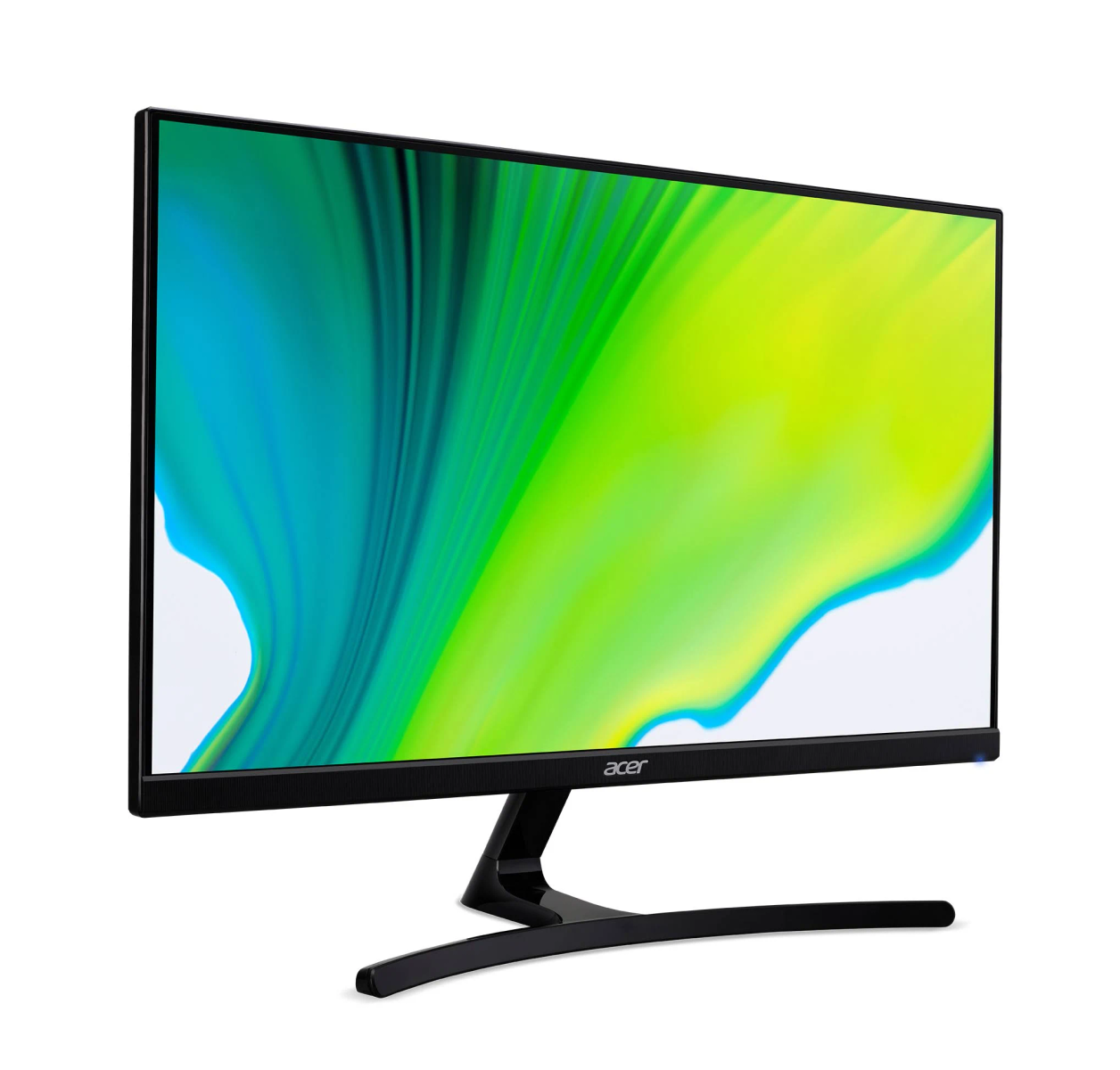 Monitor per computer con display colorato, cornice e supporto neri.