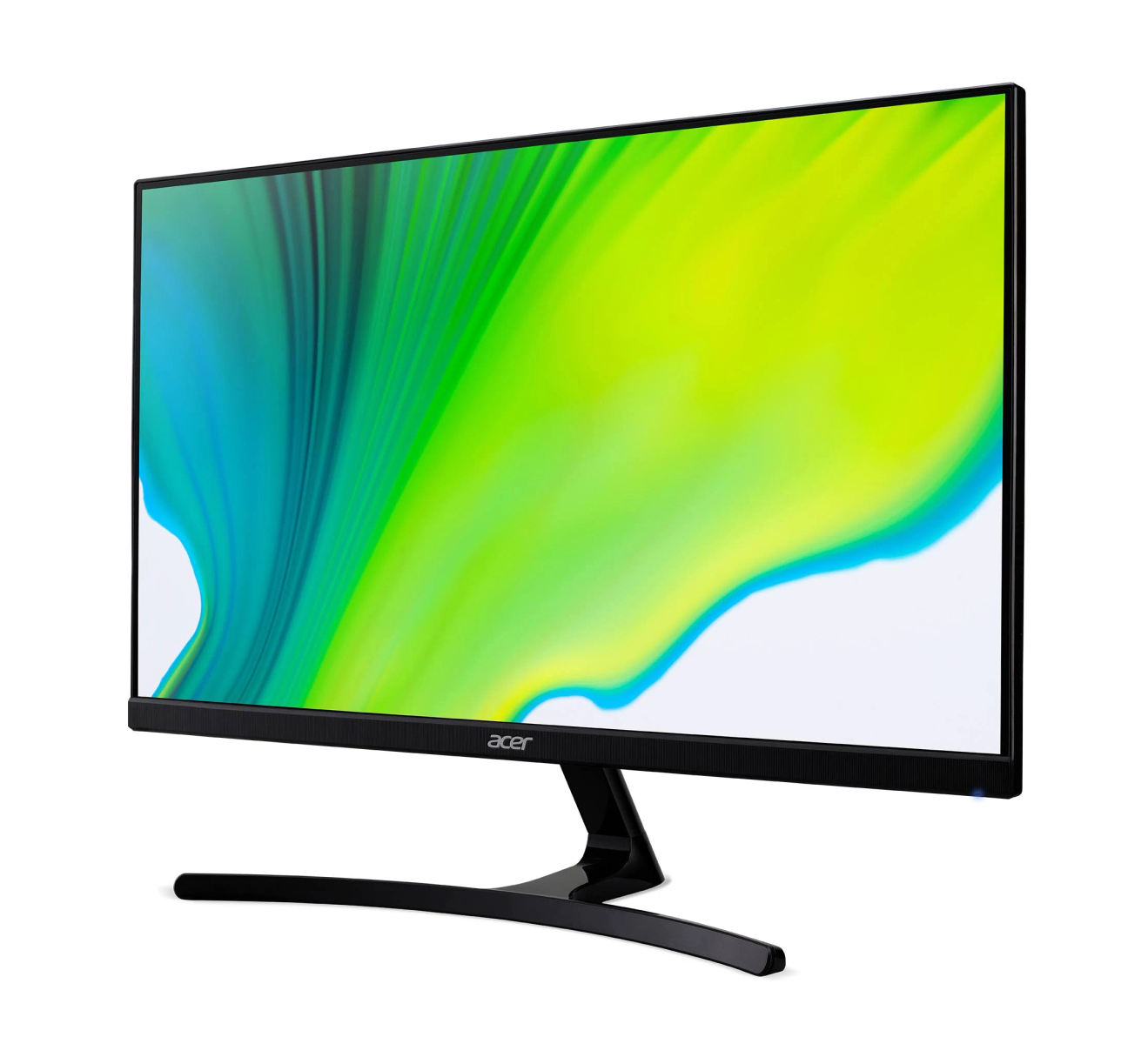 Un monitor nero con base curva. Lo schermo mostra uno sfondo astratto colorato.