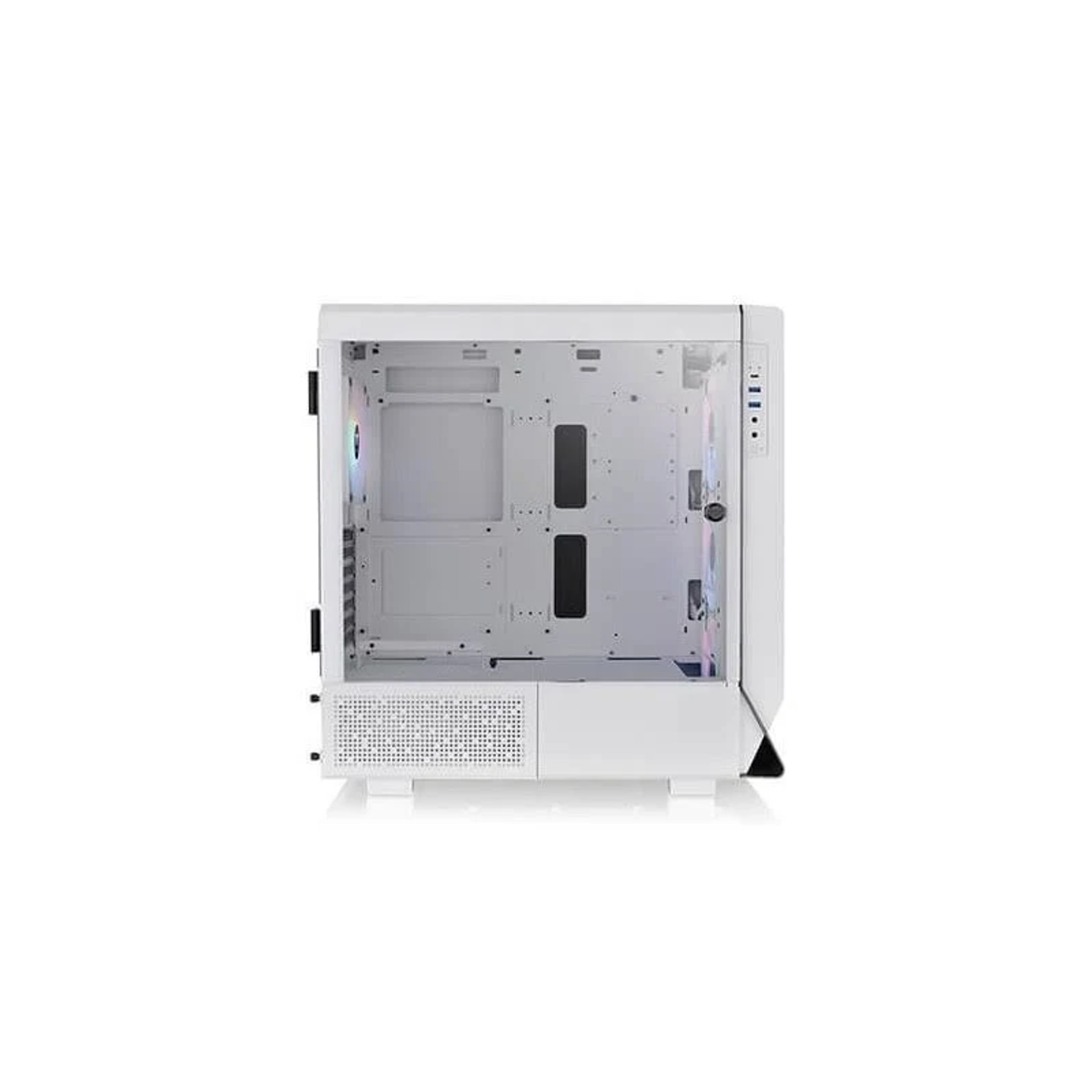Biała obudowa komputera, otwarta, pokazująca elementy wewnętrzne i szklany panel boczny.