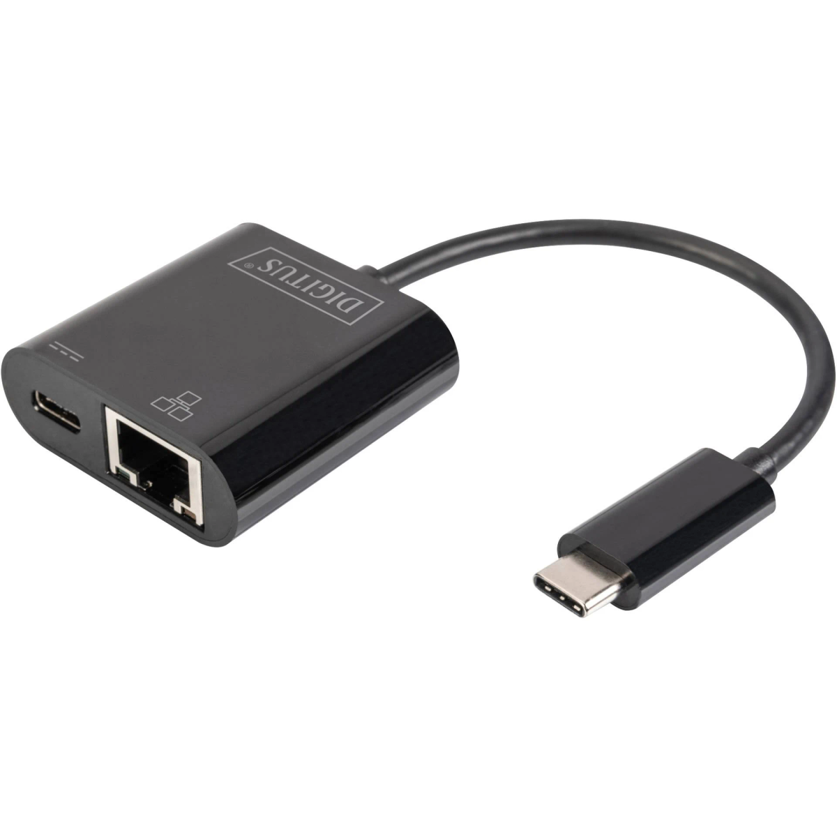 Schwarzer USB-C-zu-Ethernet-Adapter. Der Adapter hat einen Ethernet-Anschluss und einen USB-C-Anschluss.