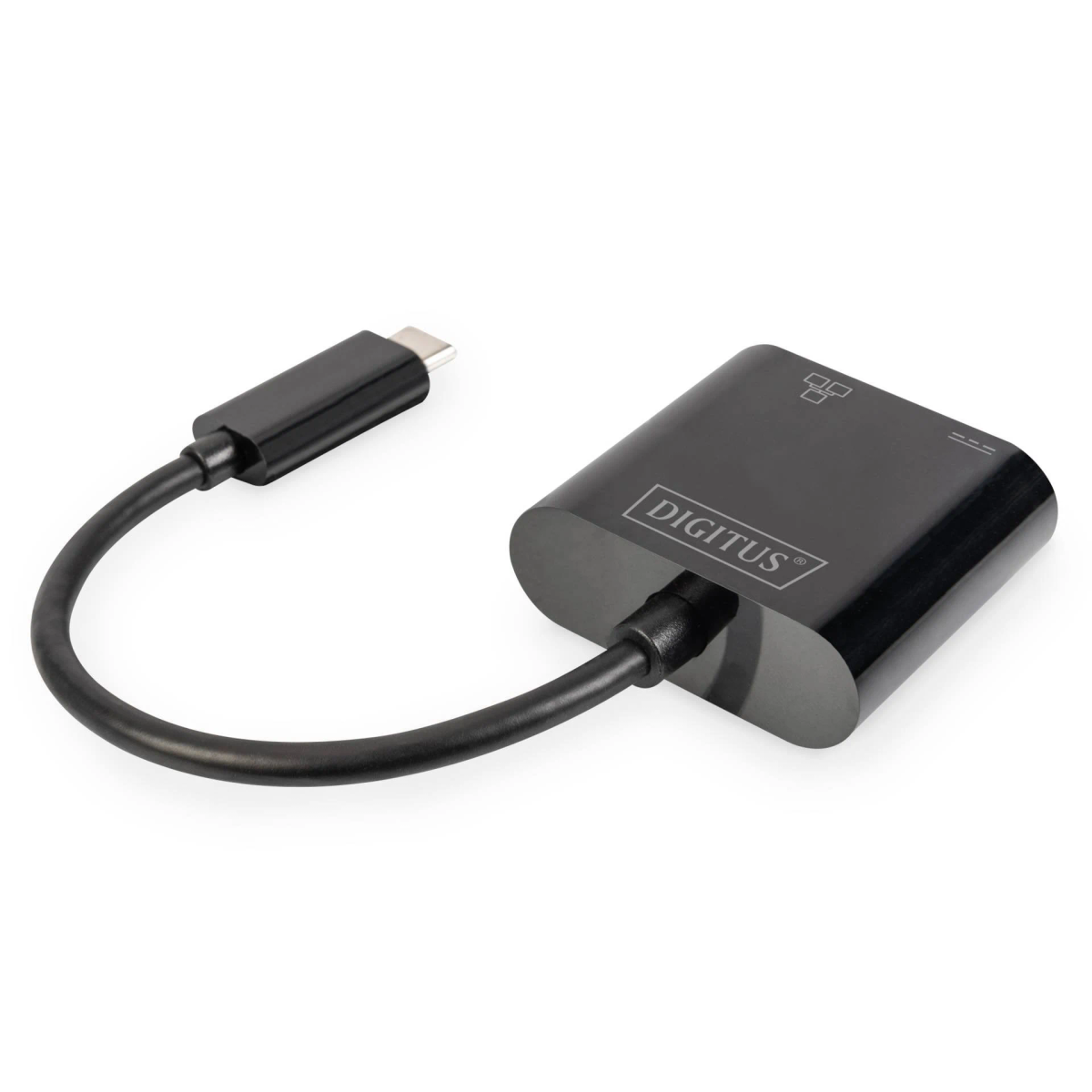 Schwarzer USB-C-Adapter mit einem USB-C-Kabel, das an eine schwarze Box angeschlossen ist.