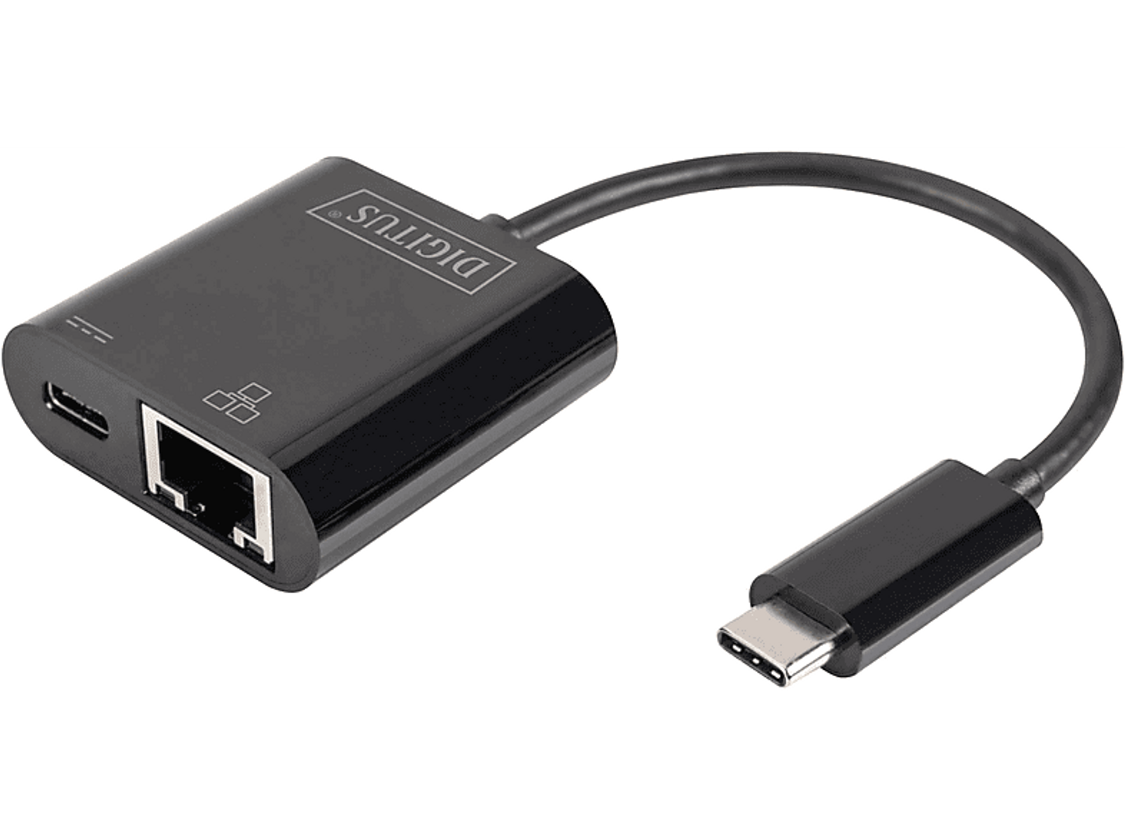 Schwarzer USB-C-zu-Ethernet-Adapter mit Digitus-Logo.