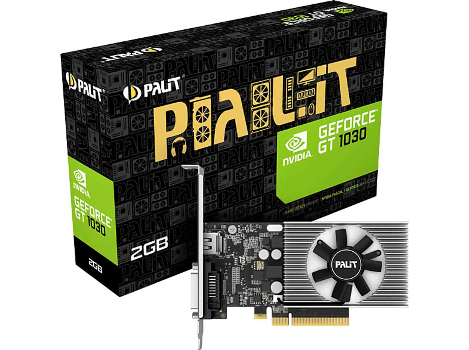 Tarjeta gráfica y caja. Caja negra con texto verde y amarillo. La tarjeta tiene un ventilador.