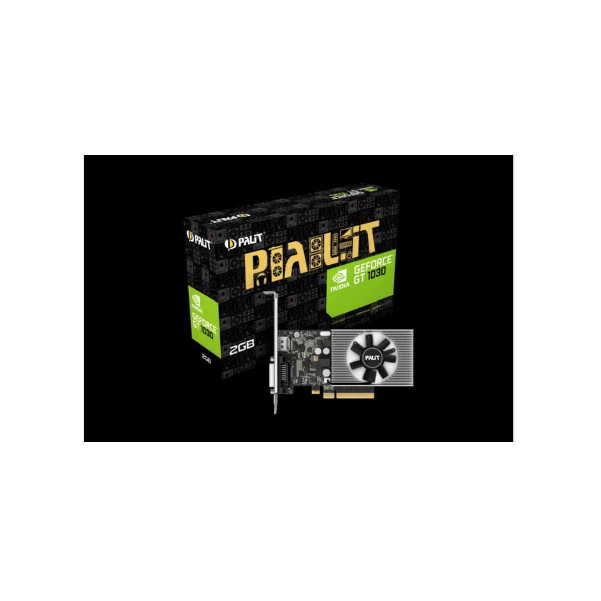 Caja y tarjeta gráfica Palit GeForce GT 1030. Fondo negro.