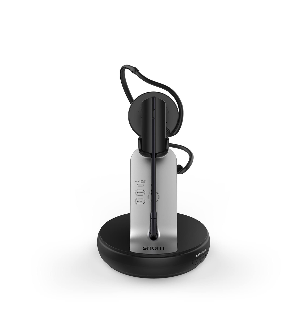 Un auricolare su una base di ricarica nera. L'auricolare è per lo più argento e nero, con pulsanti.