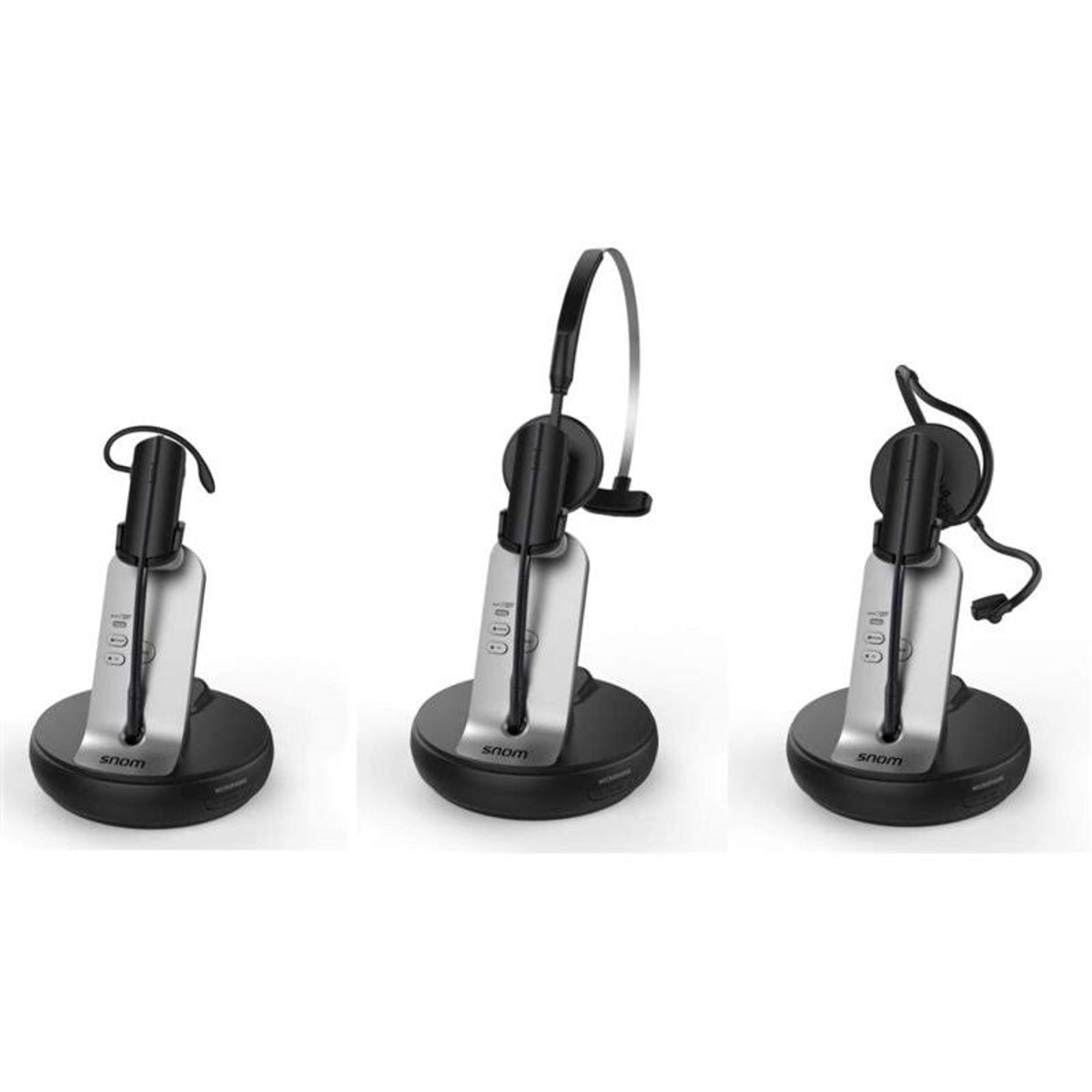 Tre cuffie wireless con basi di ricarica. Le cuffie sono nere e argentate.