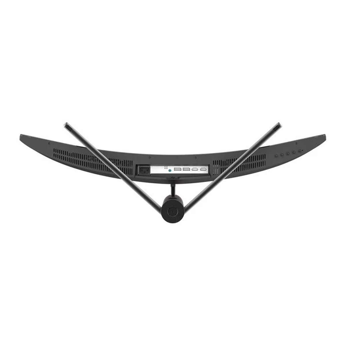 Czarny, zakrzywiony monitor komputerowy z góry ze stojakiem i portami połączeniowymi.