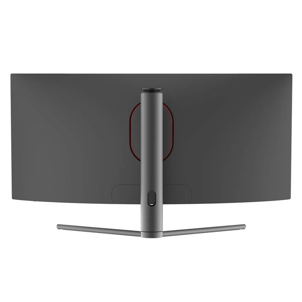 Czarny monitor z zakrzywionym ekranem, podstawką i czerwonym okręgiem pośrodku.