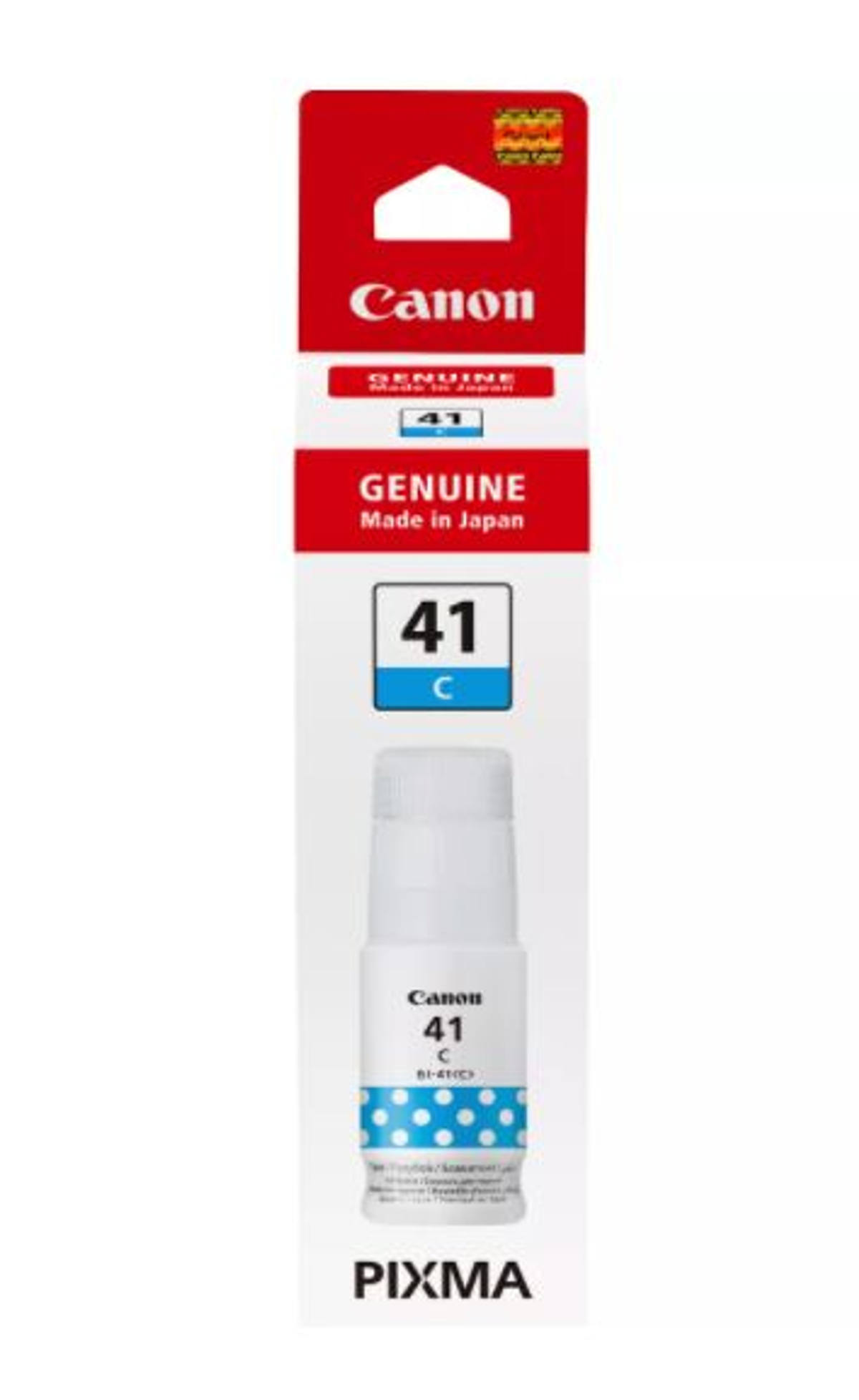 Pudełko z wkładem atramentowym Canon. Czerwono-białe opakowanie z widoczną butelką tuszu '41 C' w środku.