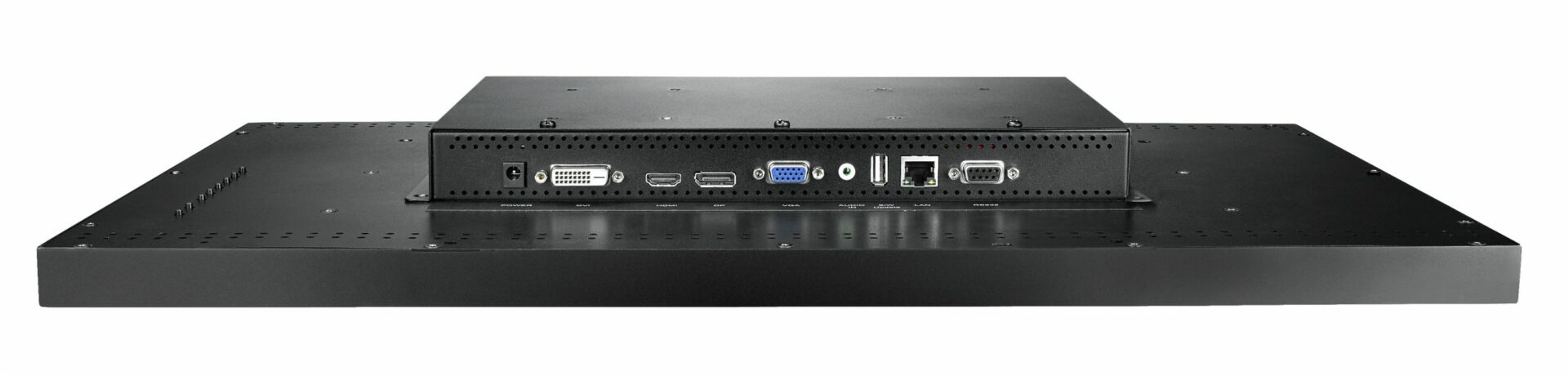Rückseite eines schwarzen Monitors mit verschiedenen Anschlüssen, darunter HDMI, USB und LAN.