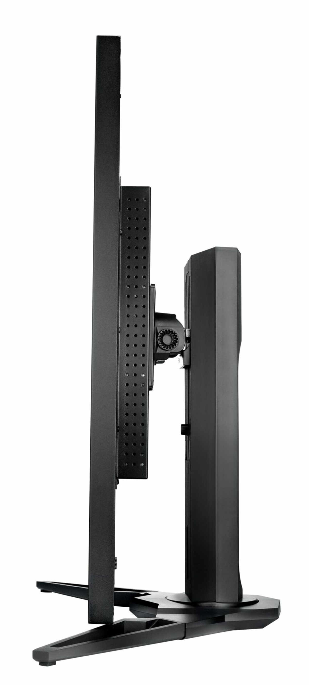 Schwarzer Monitor, Seitenansicht, montiert auf einem Ständer mit verstellbaren Funktionen.