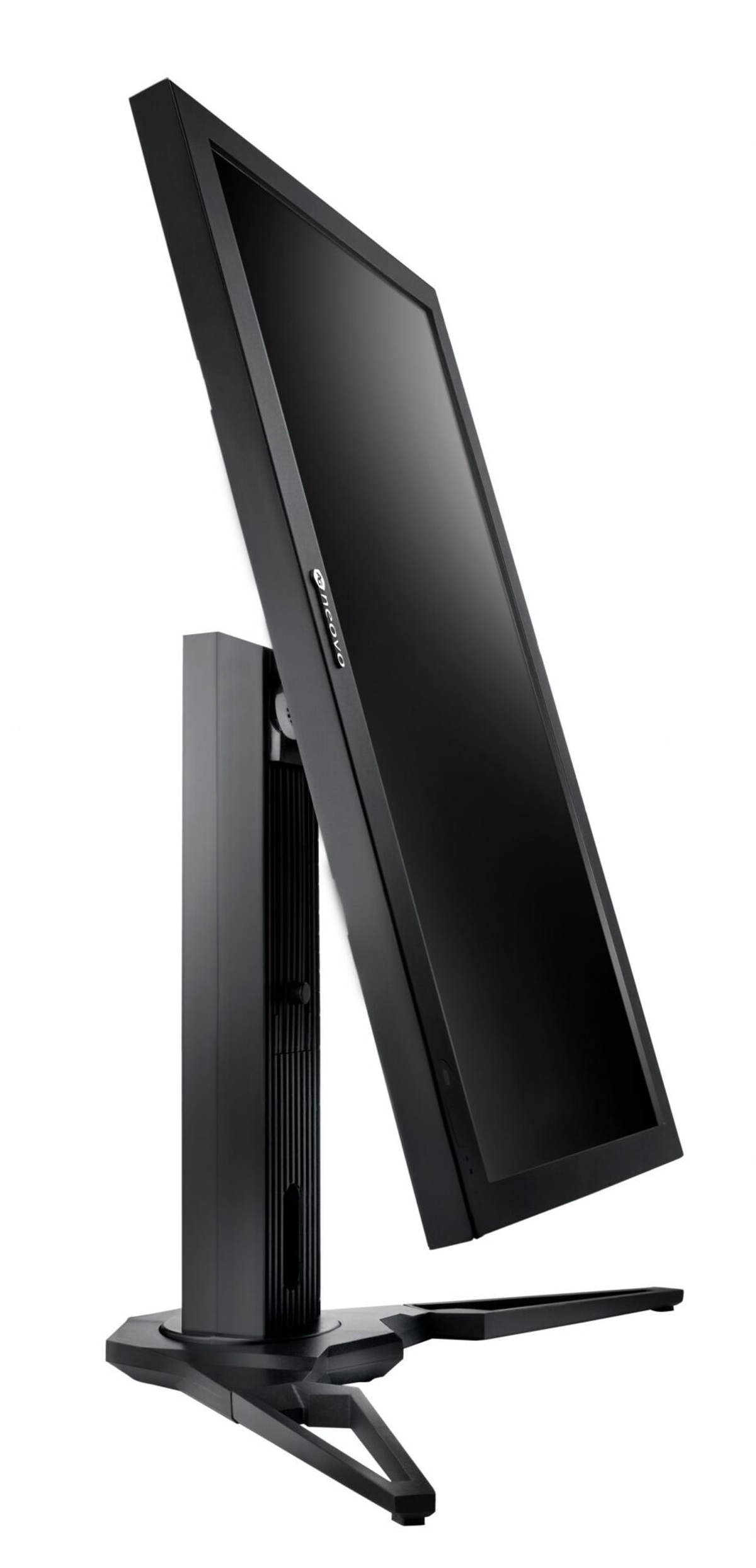 Schwarzer Computermonitor geneigt, mit schwarzem Ständer. Seitenansicht.