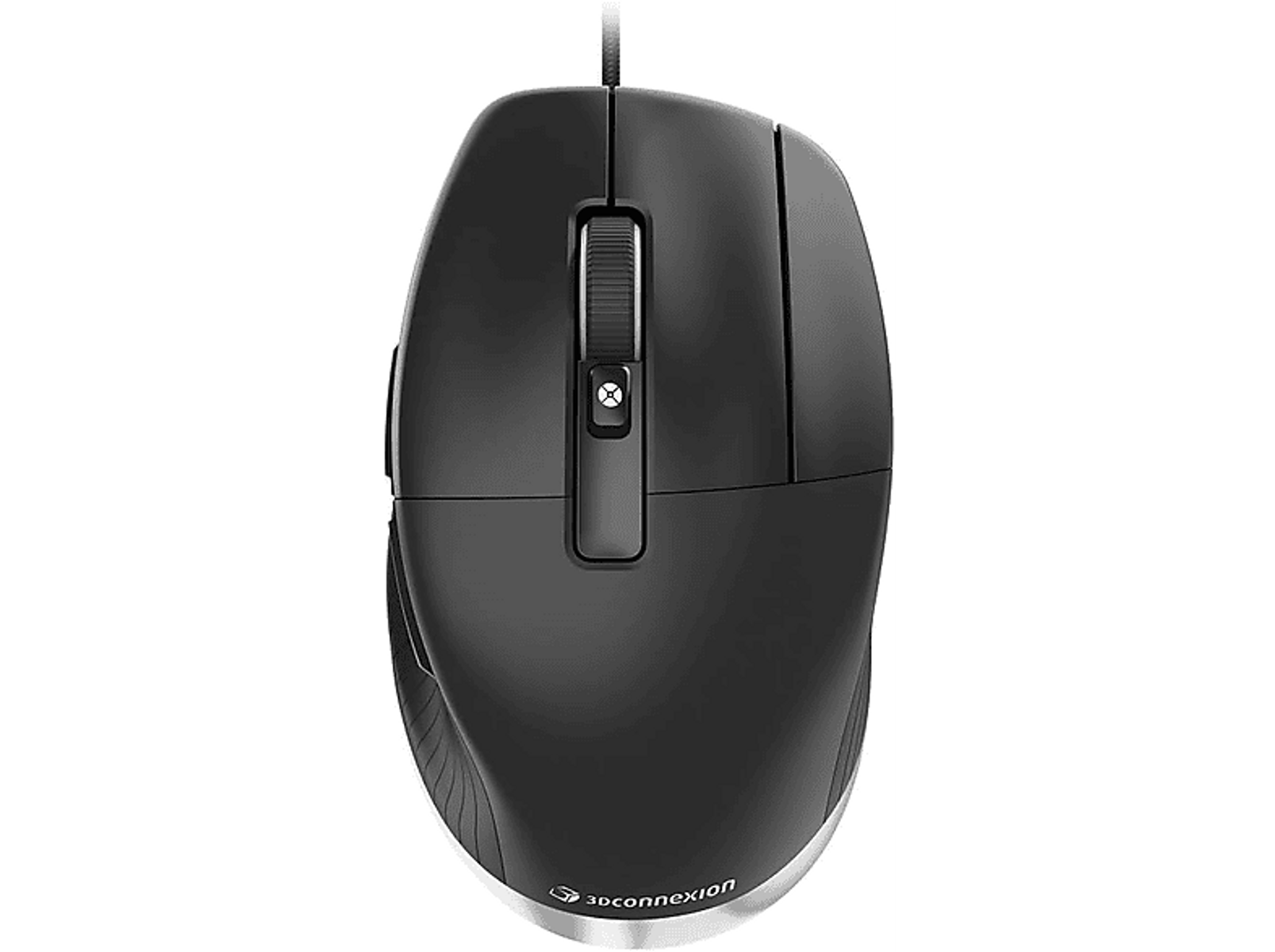 Czarna mysz z kółkiem przewijania. Logo 3Dconnexion na dole. Czarne tło.