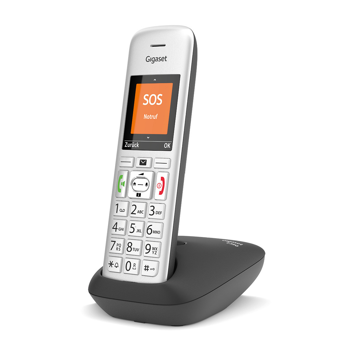 Un telefono cordless bianco e argento con base di ricarica nera. SOS sullo schermo.
