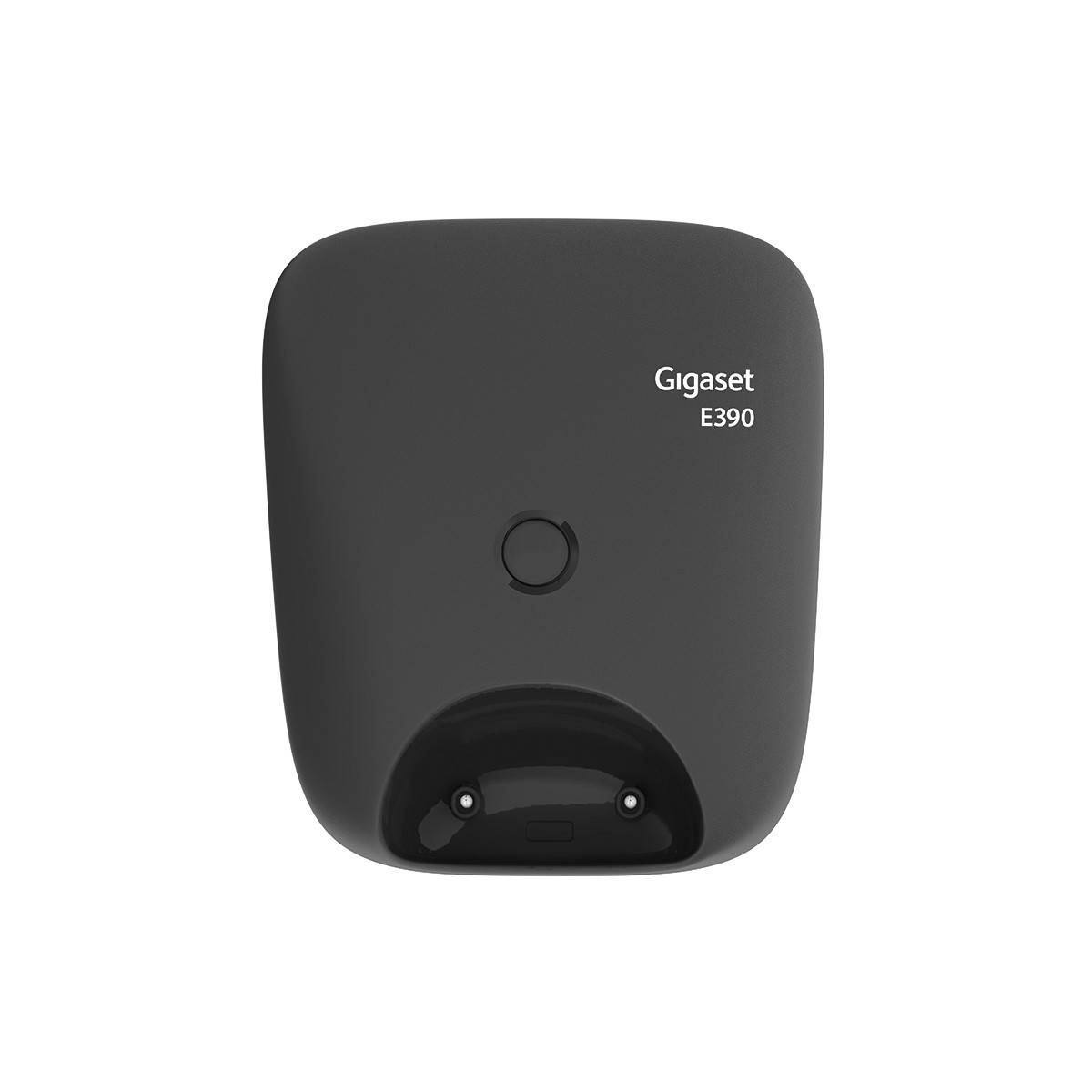 Telefono Gigaset E390 nero, vista dall'alto, su sfondo bianco.