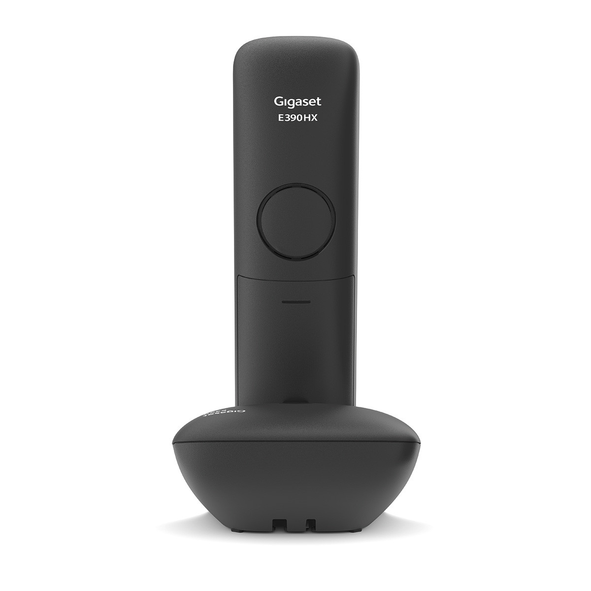 Telefono cordless Gigaset nero. La base è ovale. Il telefono ha un altoparlante e pulsanti.