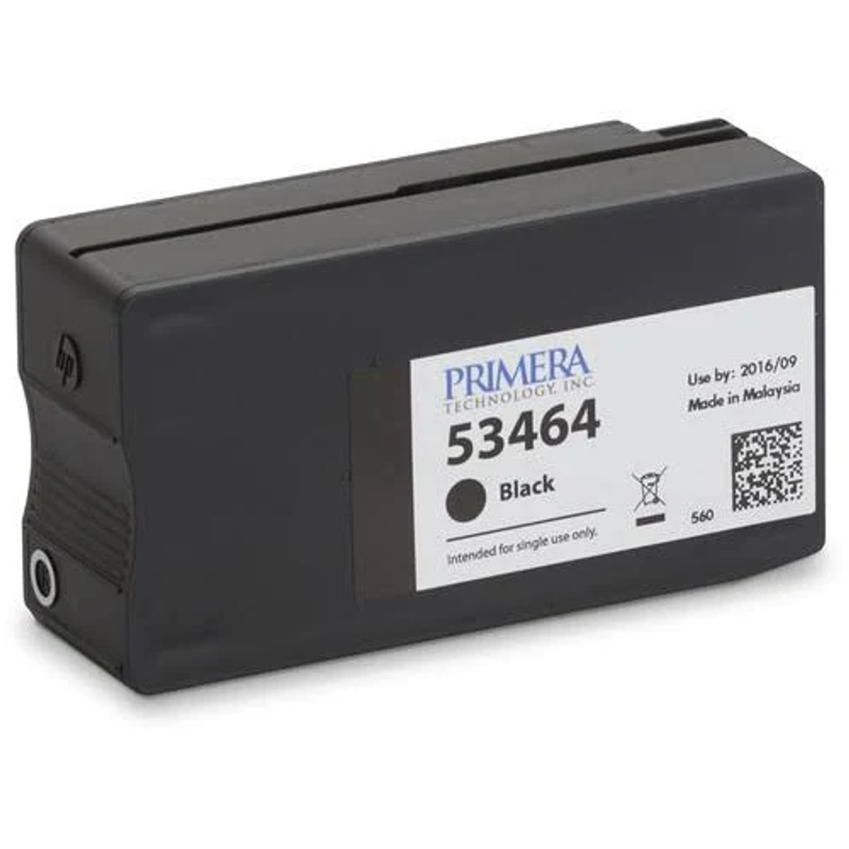 Una cartuccia d'inchiostro nera con testo bianco e un cerchio nero.