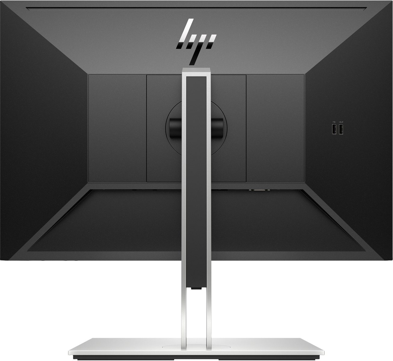 Rückseite eines Computermonitors, schwarz mit Anschlüssen, silberner Ständer, weißer Hintergrund.