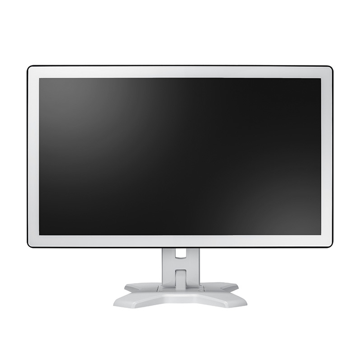 Ein weißer Computermonitor mit schwarzem Bildschirm und silbernem Ständer.