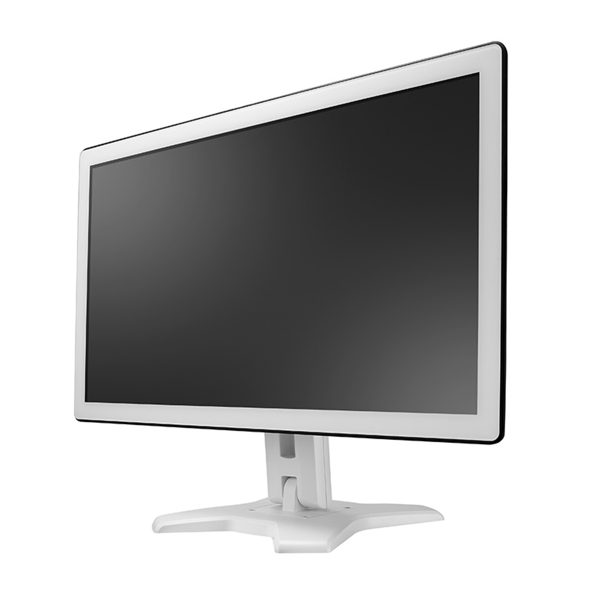 Weißer Computermonitor mit weißem Ständer. Der Bildschirm ist dunkel.
