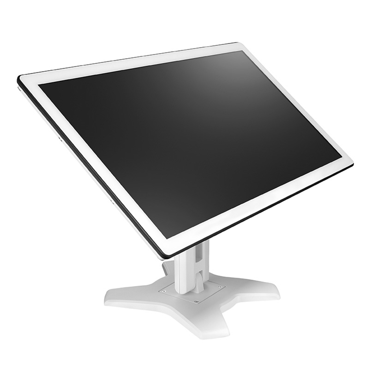 Ein weißer Monitor auf einem weißen Ständer mit schwarzem Bildschirm.
