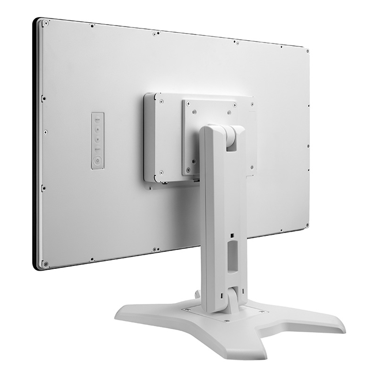 Rückansicht eines weißen Computermonitors. Er hat einen weißen Ständer und eine Bedienfeld mit Knöpfen.