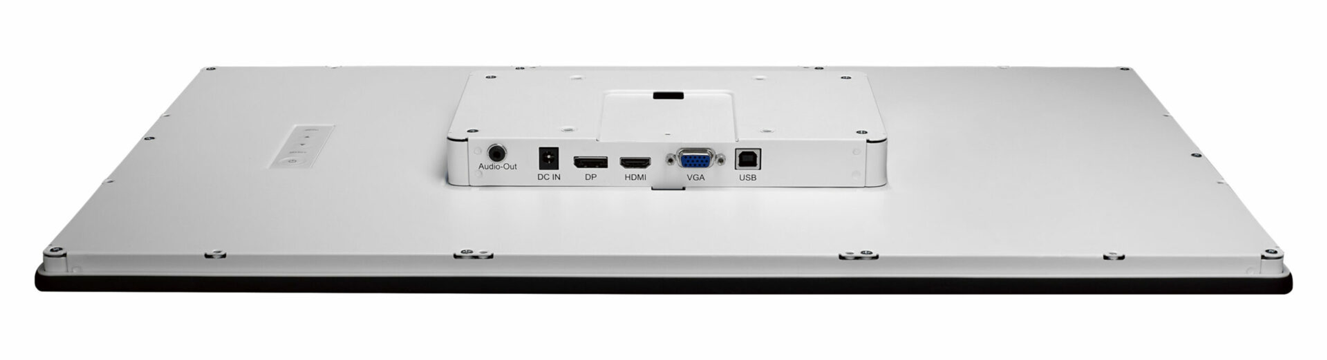 Rückseite eines Computermonitors mit Anschlüssen: Audio Out, DC In, DP, HDMI, VGA und USB.