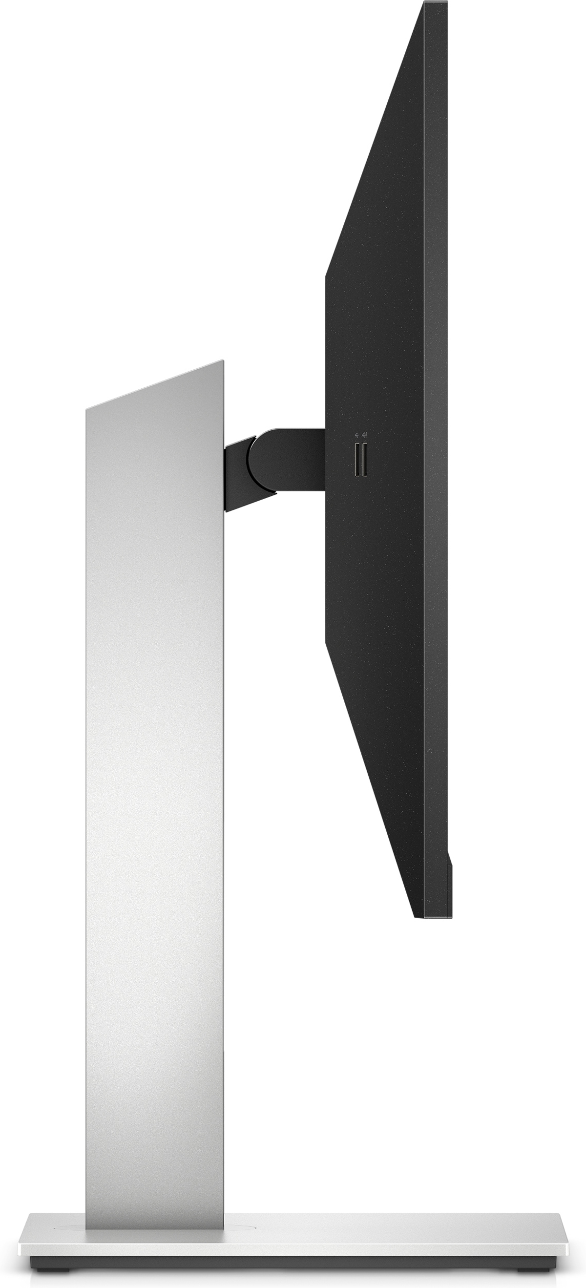 Widok z boku monitora komputera ze srebrną podstawą i stojakiem.