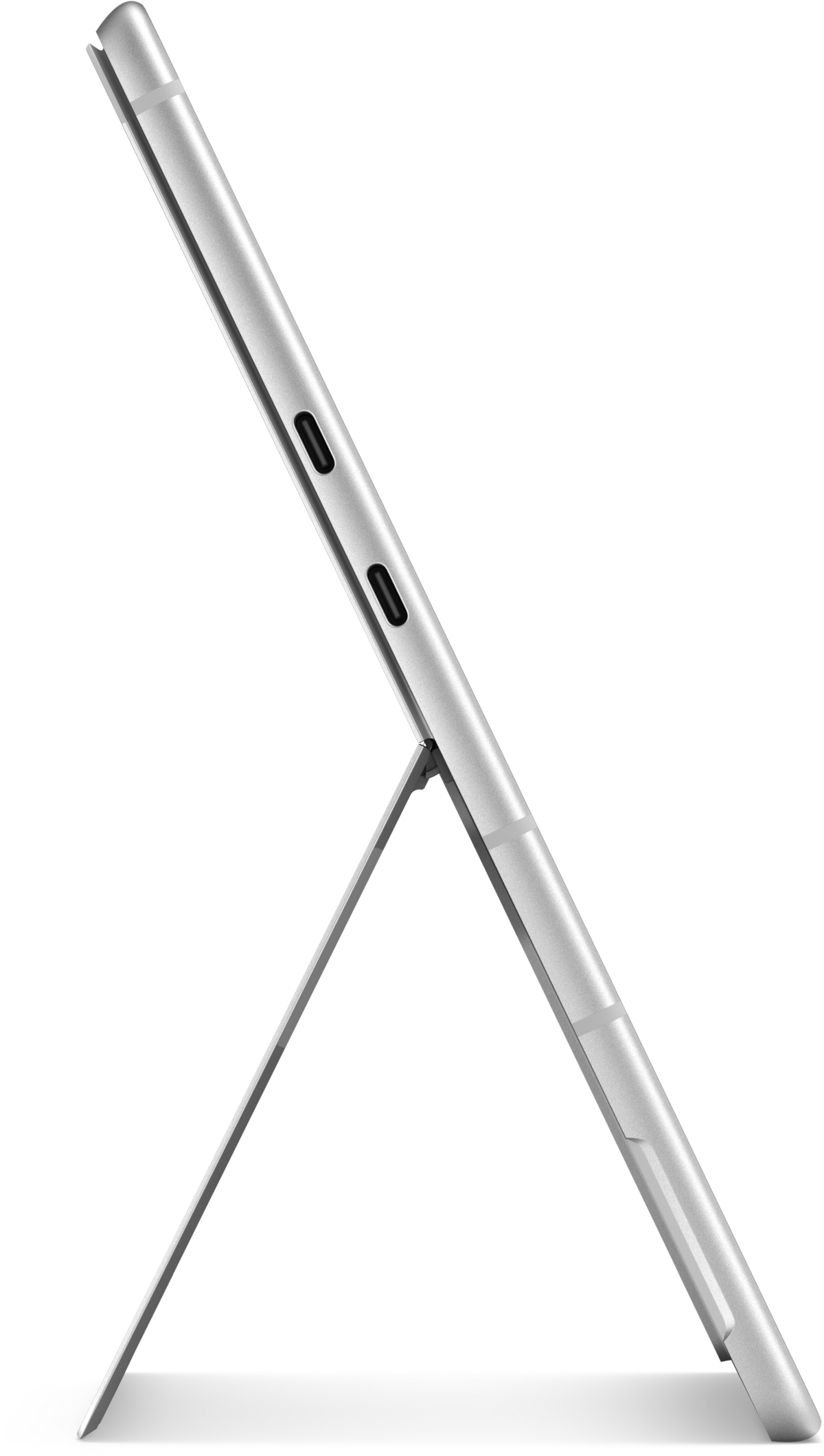 Un tablet argento con un supporto, angolato. Il supporto è aperto, lo schermo del tablet è vuoto.