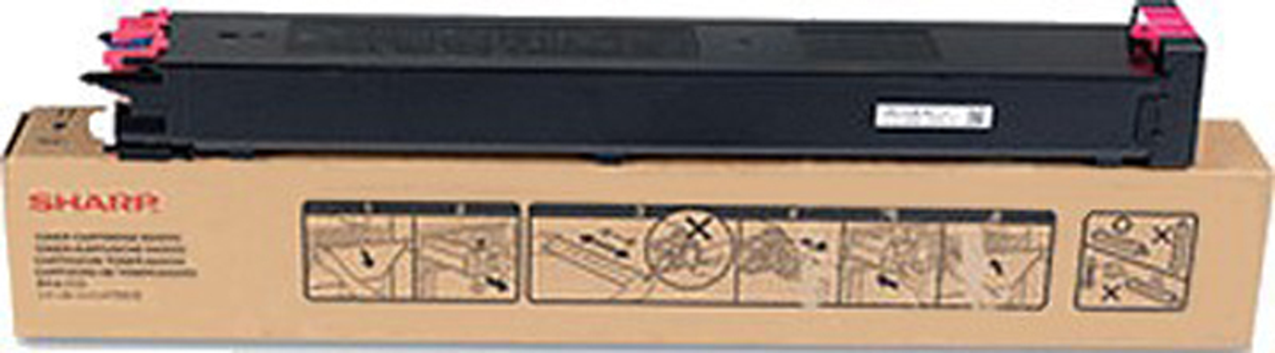 Una cartuccia toner nera con una scatola marrone, con il logo SHARP e le istruzioni.