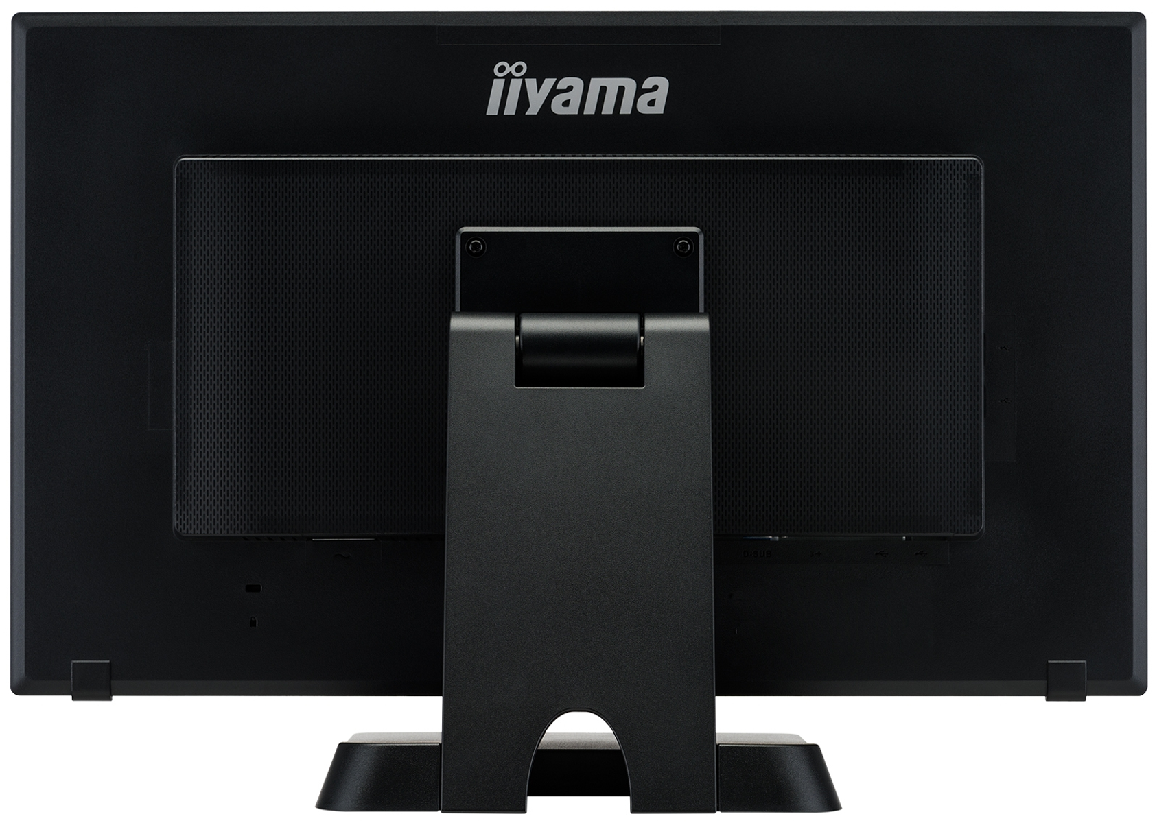 Vista trasera de un monitor de computadora negro con soporte. Logotipo de Iiyama en la parte superior.