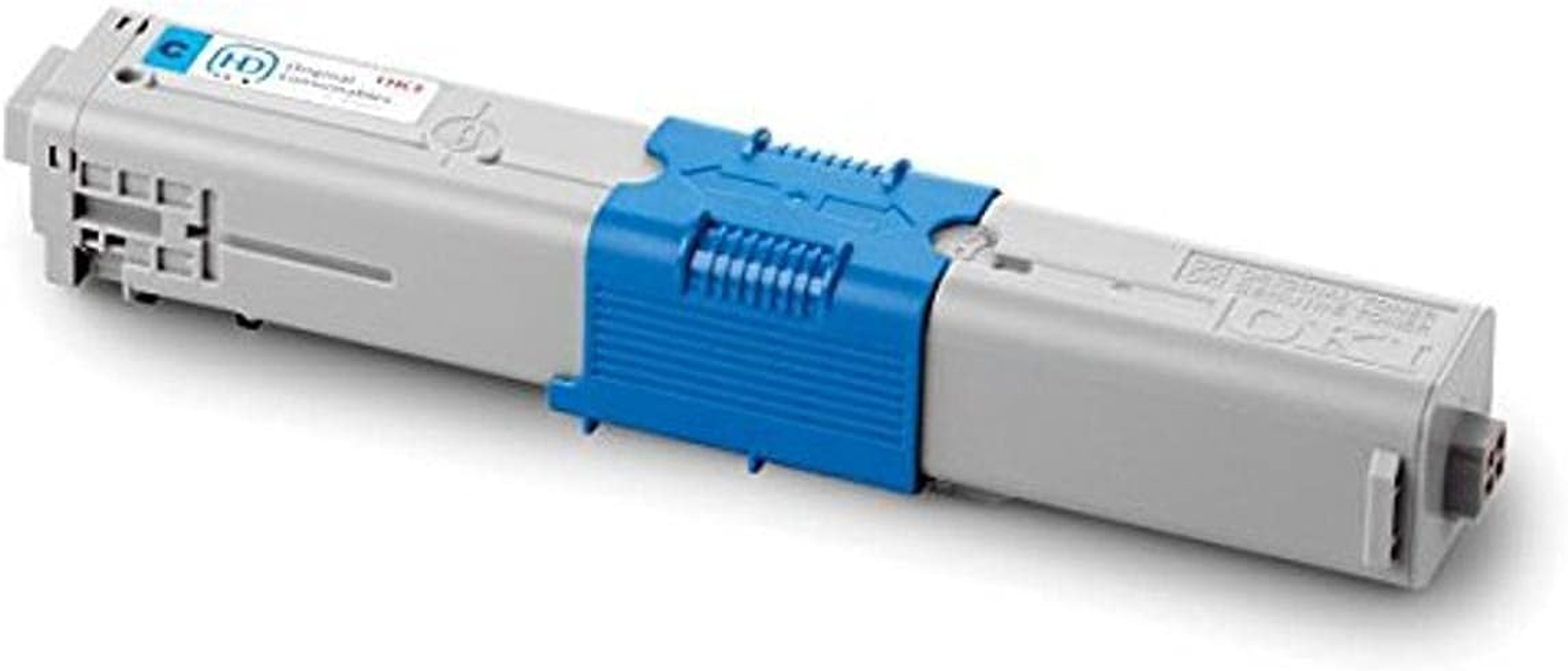 Wkład z tonerem OKI. Szary i niebieski, z niebieskim plastikowym elementem.