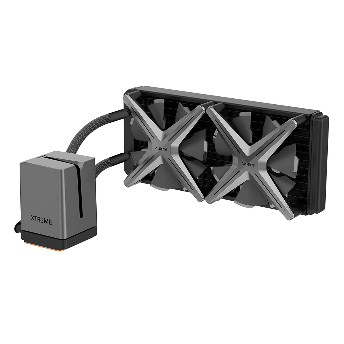Ein Computer-Wasserkühler. Zwei Lüfter mit silbernen Blättern. Graue Pumpe und schwarzer Kühler.