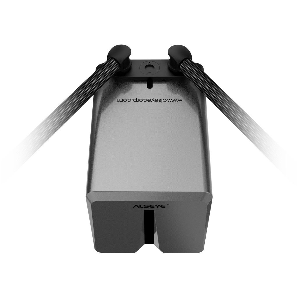 Ein schwarzes Gerät mit zwei Armen, wahrscheinlich für VR-Zwecke, mit dem Text 'www.alseyecorp.com'.
