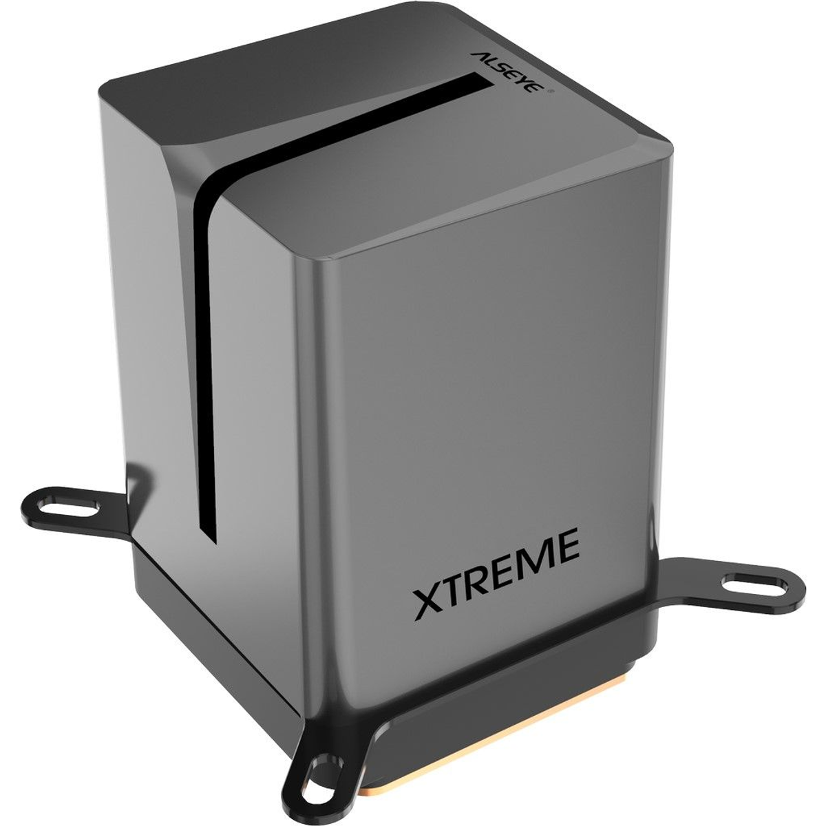 Schwarzer und silberner Computerkühler, ALSEYE XTREME, mit Montagehalterungen. Schräge Ansicht.