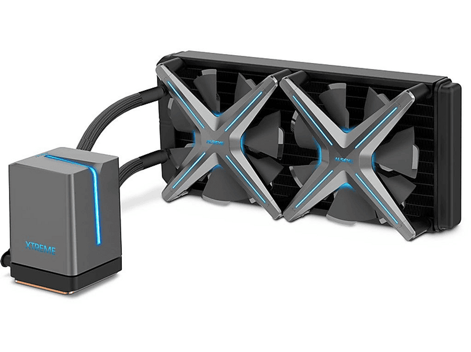 Computer-Kühlsystem mit zwei Lüftern und einem Reservoir. Schwarzer Hintergrund.